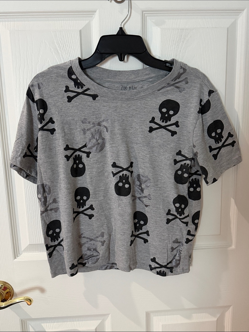 Zoe + Liv Gray Tee with Black Skull-and-Crossbones Print large